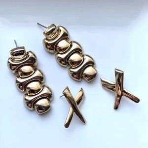 80s Gold Tone Chain Link Dangle & X Earring Duo